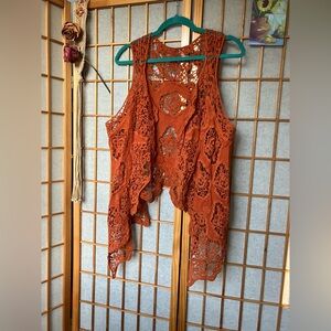 OSFM Rust Orange Bohemian Crochet Open Front Vest